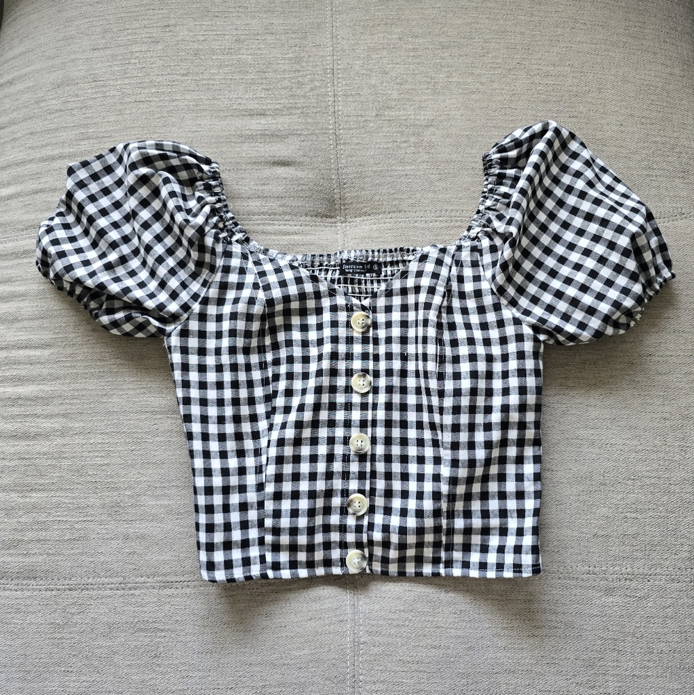 Black and White Gingham Puff Sleeve Top Sz SM NWOT